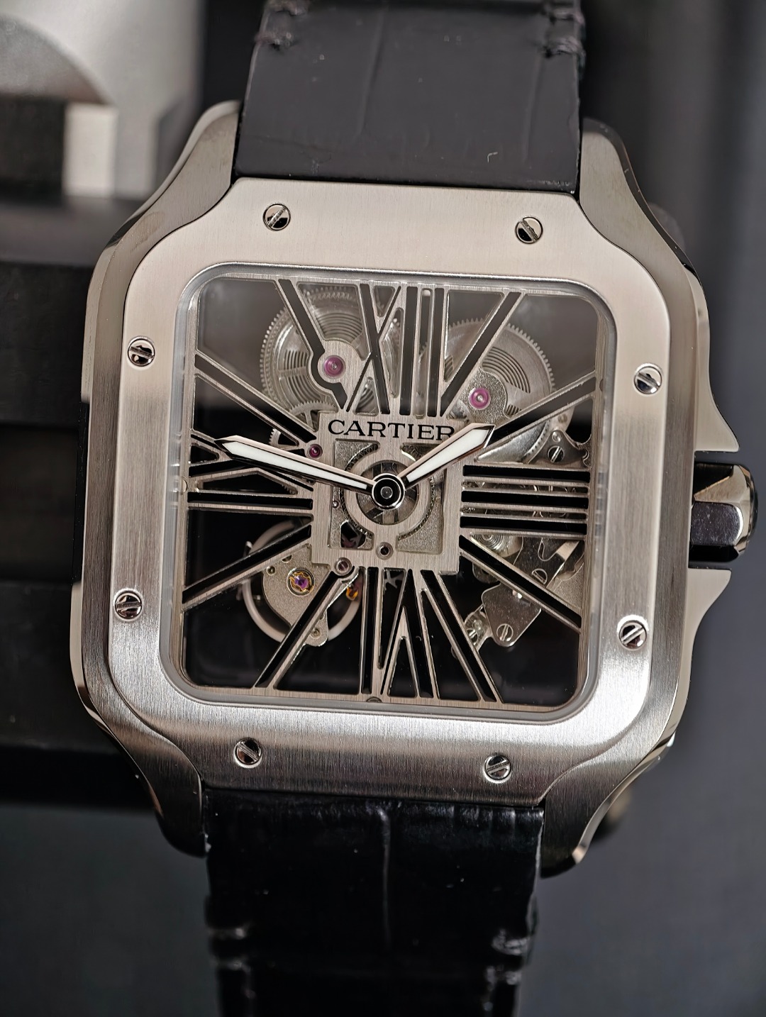 Cartier Santos Skeleton Balck Strap, skeleton dial