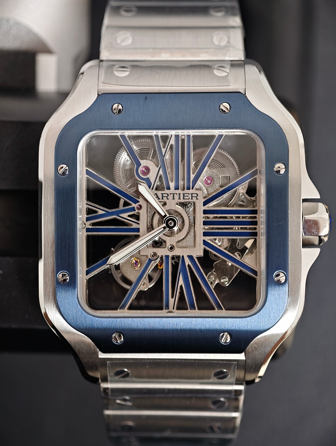 Cartier Santos Skeleton Blue, skeleton dial
