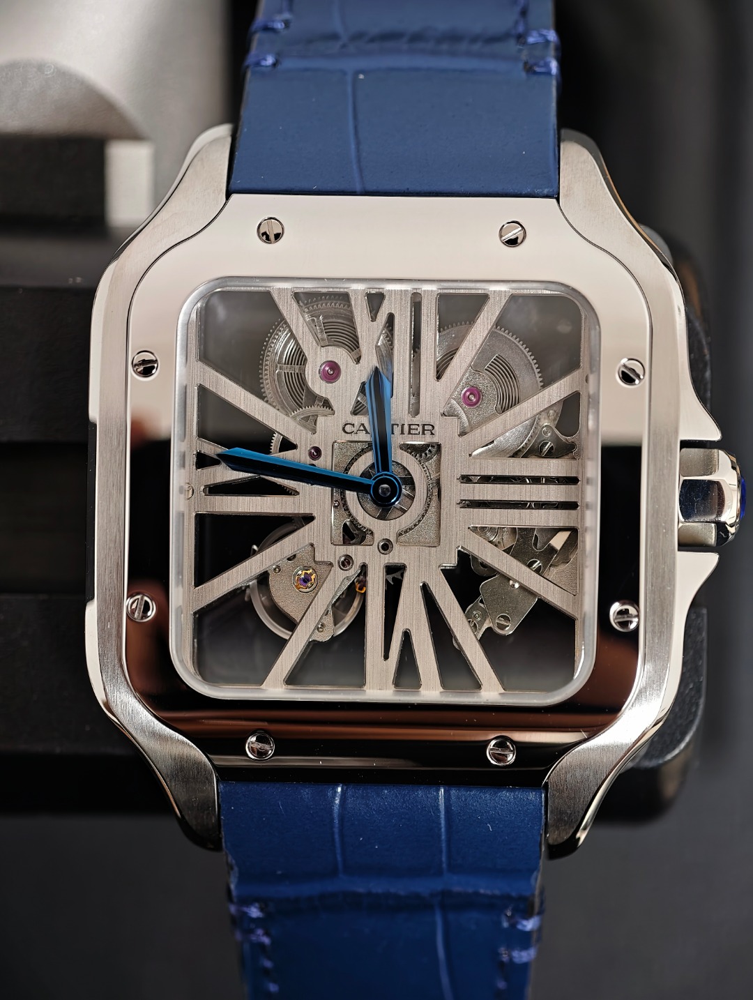 Cartier Santos Skeleton Blue Strap, skeleton dial