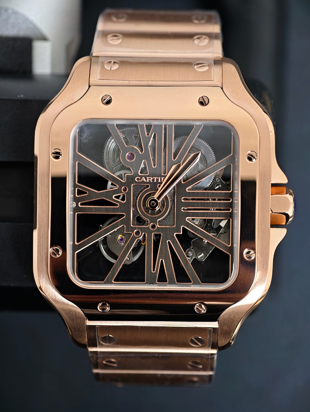 Cartier Santos Skeleton Full Rose Gold, skeleton dial