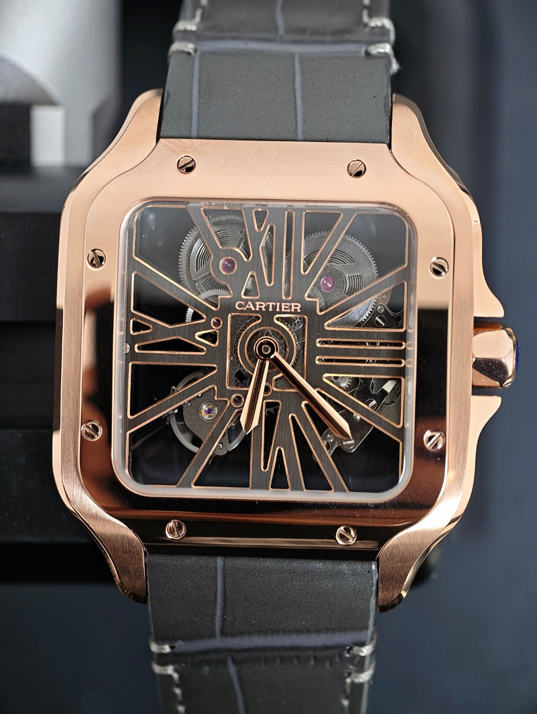 Cartier Santos Skeleton Rose Gold, skeleton dial