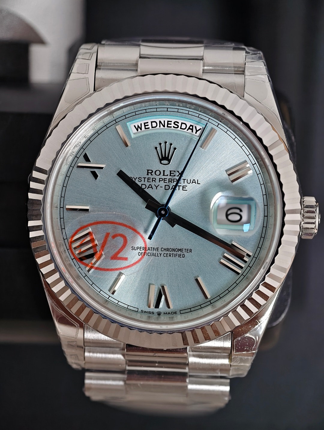 Rolex DayDate Platinum Roman, Light blue dial