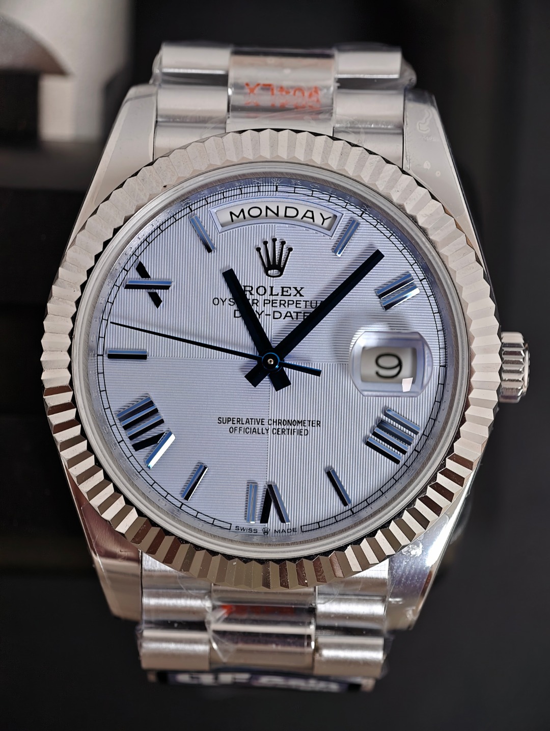 Rolex DayDate Platinum Textured Roman, Light blue dial